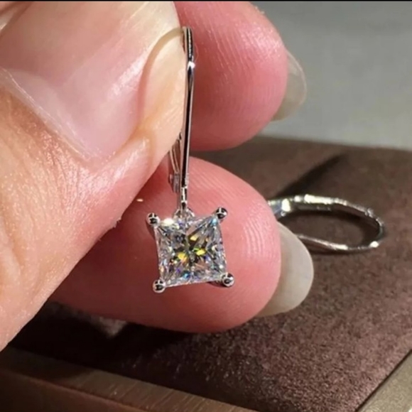 2 Carat Princess Cut Solitaire Drop Earrings - Picture 2 of 4
